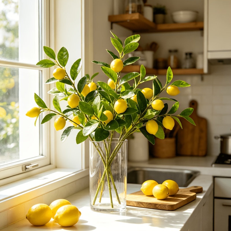 Art Craft Vase - Artificial Lemons Branches, 3 Heads Fake